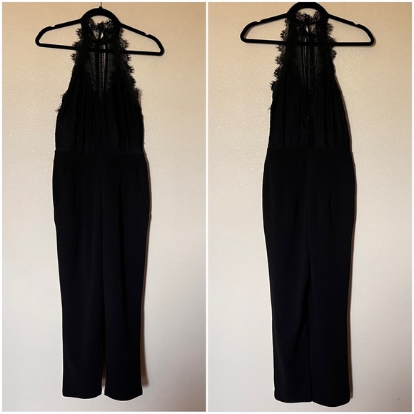 NWT Express Halter Lace Pieced Cutout Evening Cocktail Jumpsuit Solid Black - Picture 4 of 17